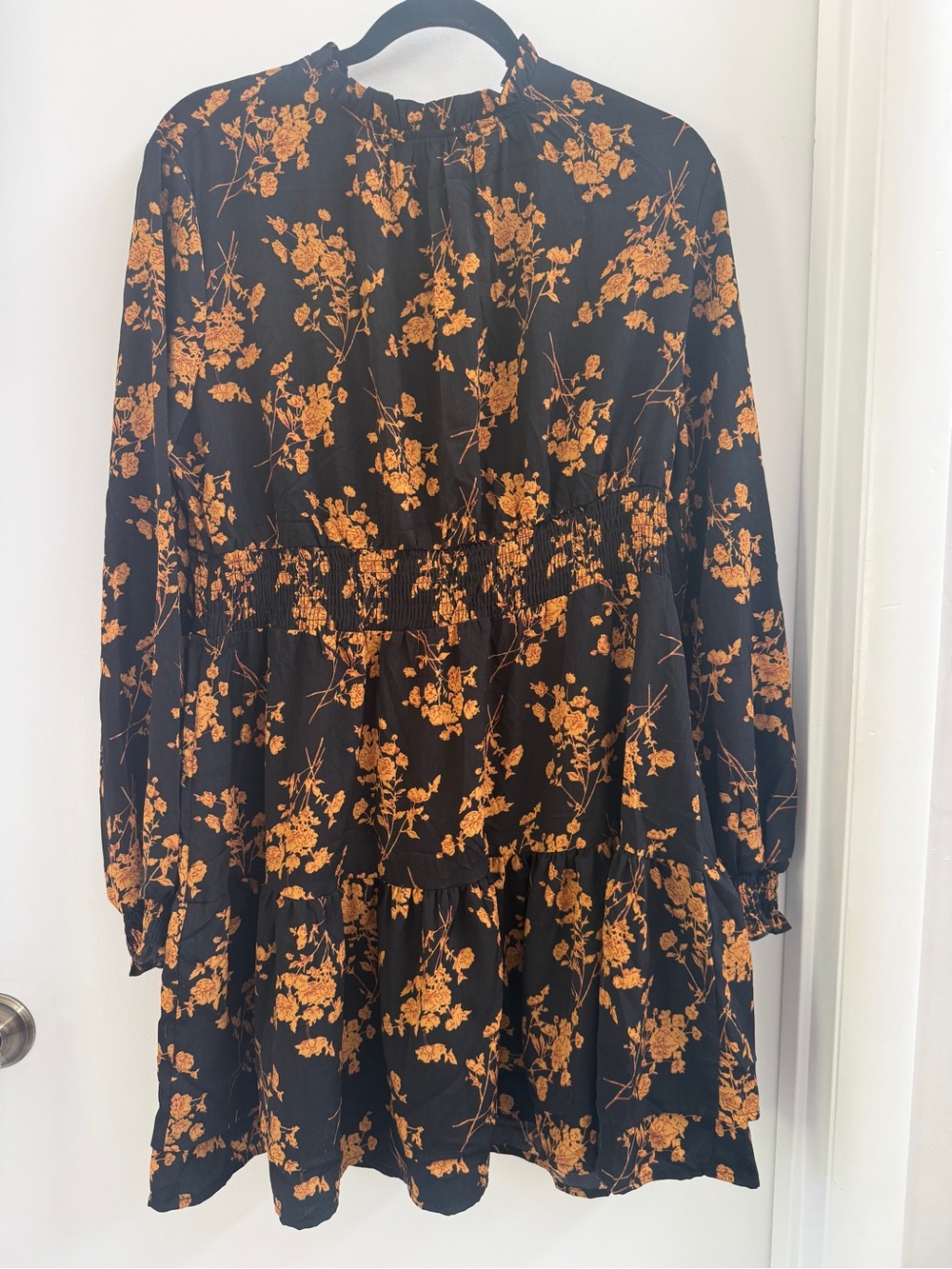 Black Floral Long-Sleeve Tiered Dress in Rust Floral Print